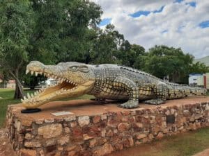 Krys the Savannah King, a life-sized crocodile statue in Normanton, Queensland, representing the largest croc ever recorded.